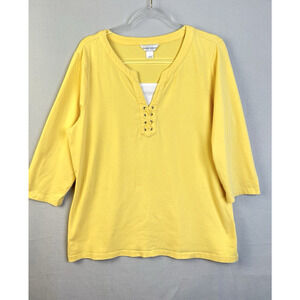 Christopher & Banks Lace Up Top Women XL Yellow 3/4 SLeeves Casual Work Stretch